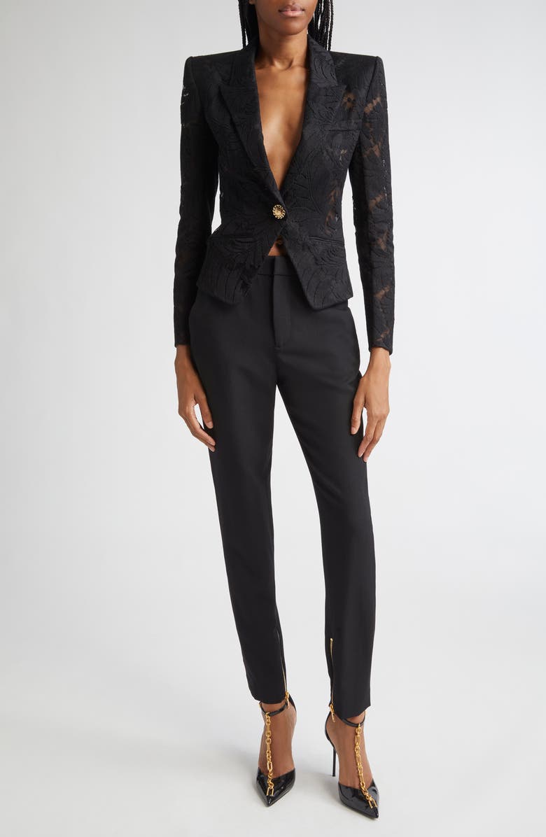 Balmain Zip Hem Slim Fit Wool Grain de Poudre Pants, Main, color, Black/ Black