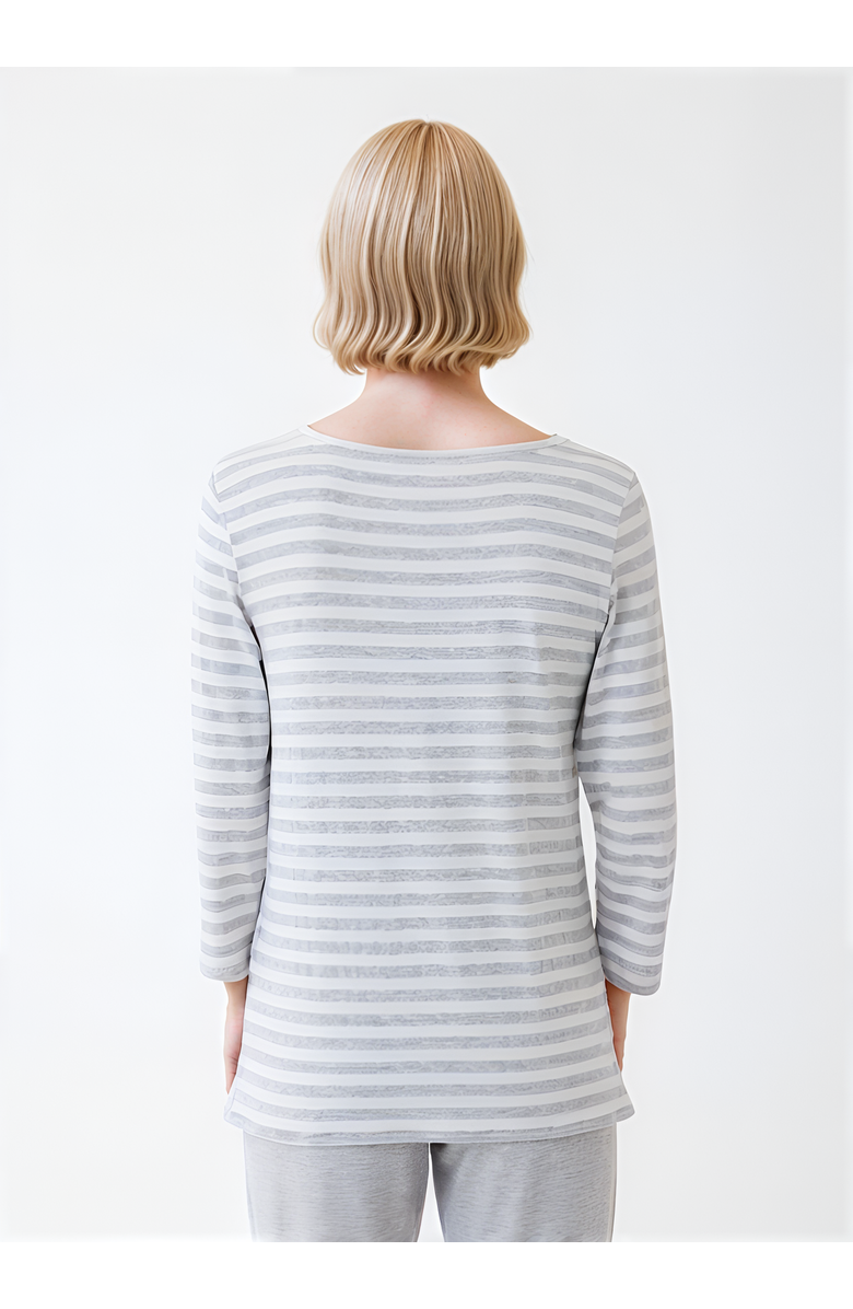 Majestic Filatures Soft Touch Striped 3/4 Sleeve Boatneck T-Shirt, Alternate, color, Gris Chine Clair