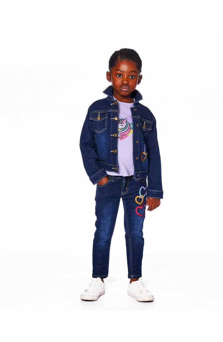 Deux par Deux Stretch Denim Jacket with Glittery Hearts and Unicorn, Main, color, Blue Denim
