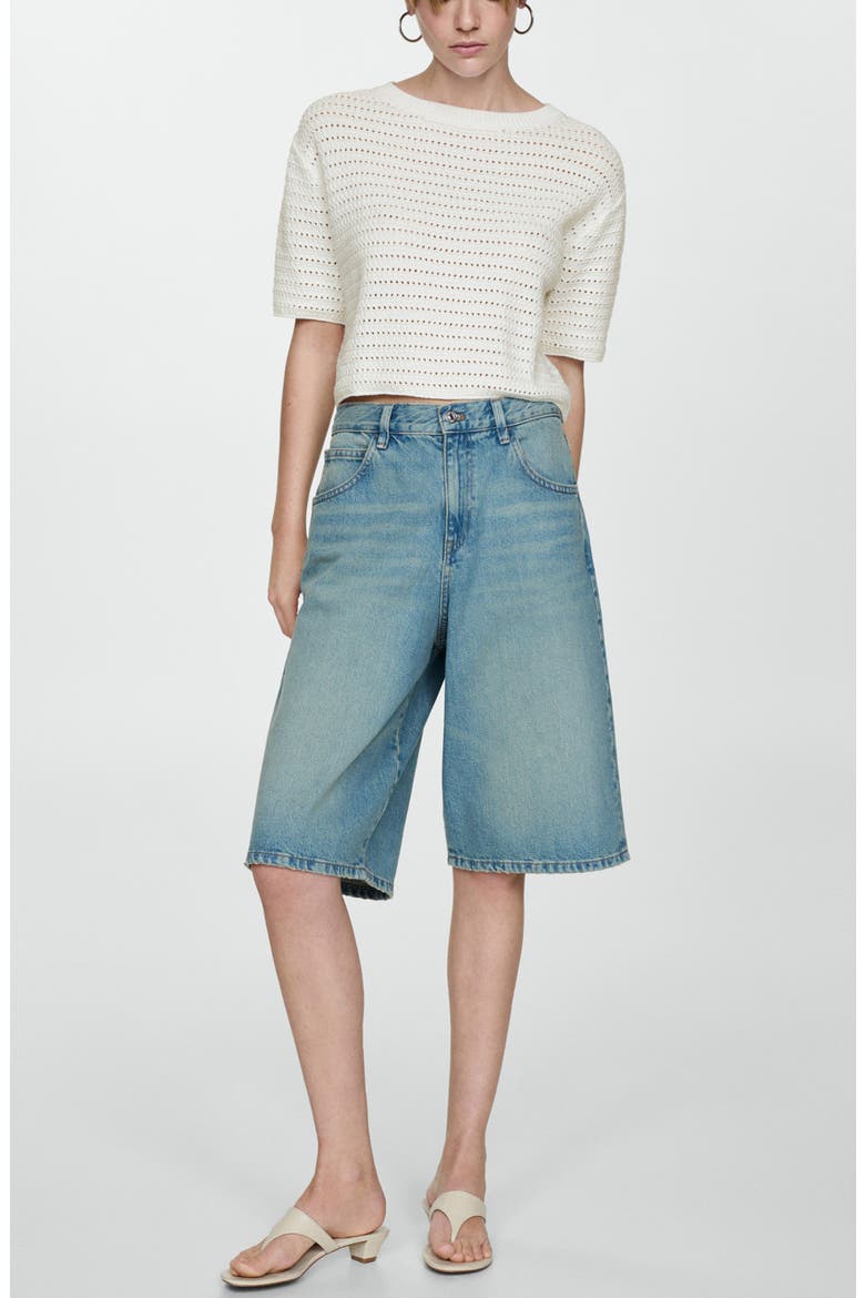 Open Stitch Short Sleeve Crop Cotton Sweater, Alternate, color, OFF WHITE