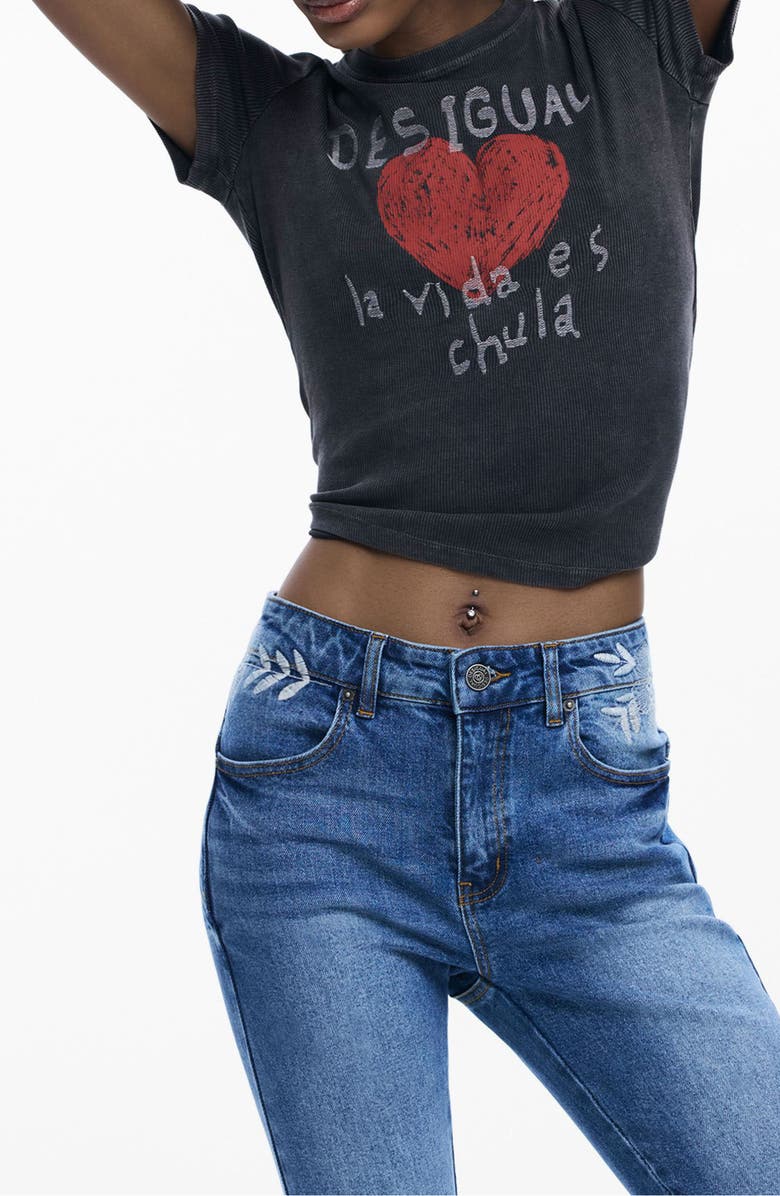 Desigual Embroidered Flare Jeans, Alternate, color, Medium Blue