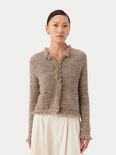 Women's Cashmere Cardigan with Frayed Edges