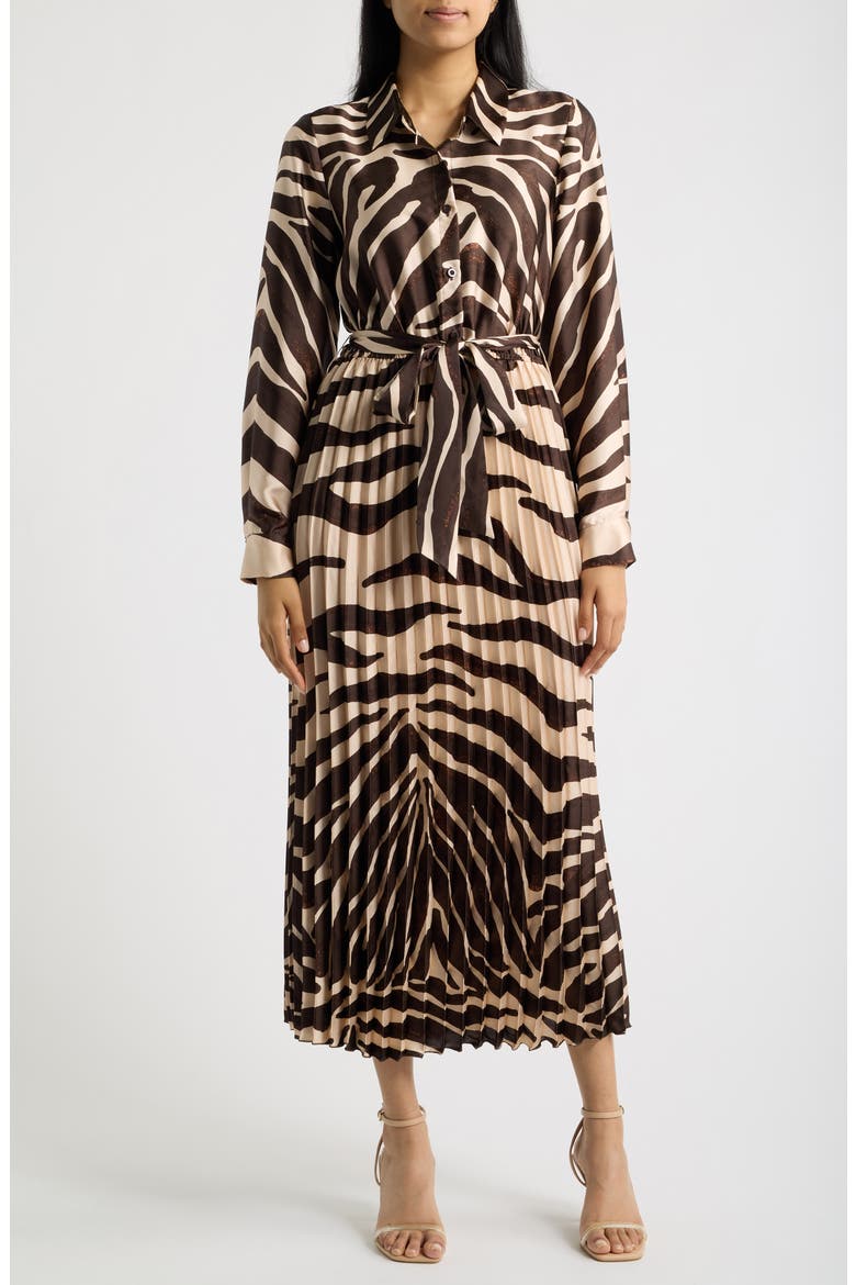 Zebra Print Long Sleeve Pleated Maxi Shirtdress, Main, color, BROWN