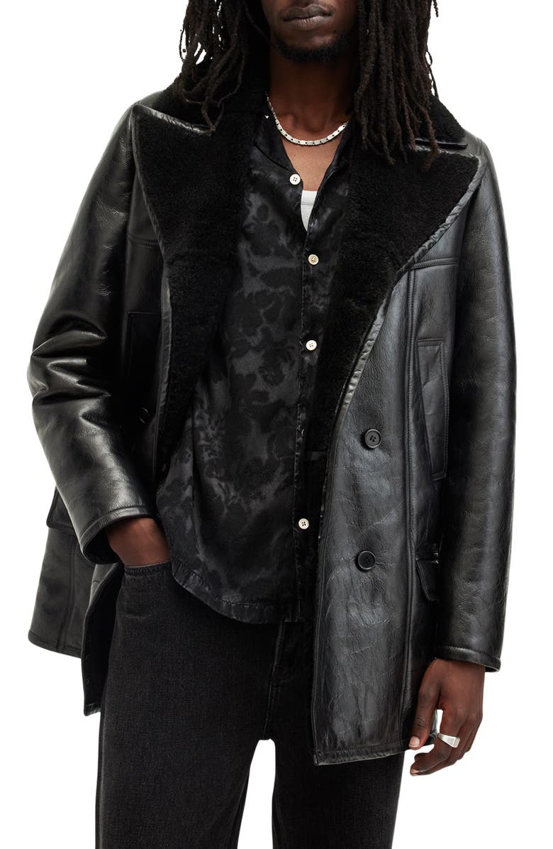 AllSaints Selkirk Shearling Lined Leather Peacoat, Main, color,