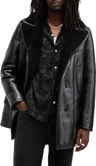 AllSaints Selkirk Shearling Lined Leather Peacoat Nordstromrack