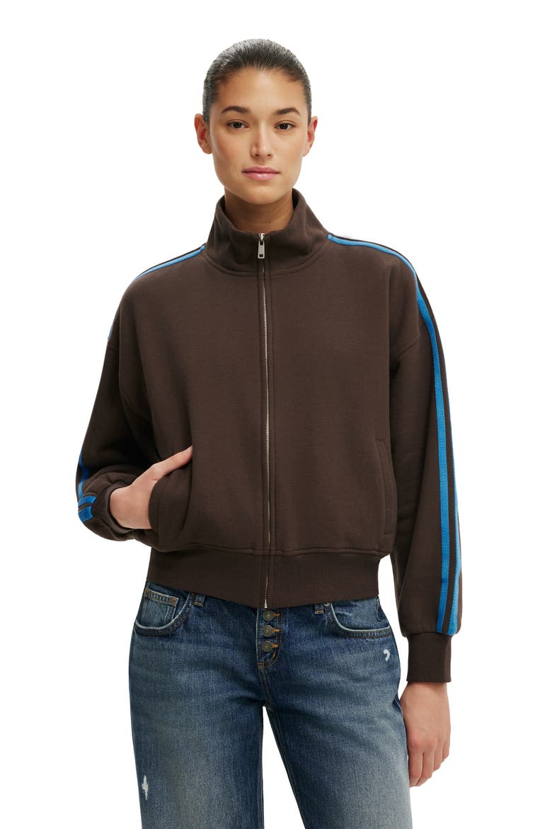 Women's Funnel Neck Fleece Zip Through, Main, color, Dark Oak Cobalt Taping