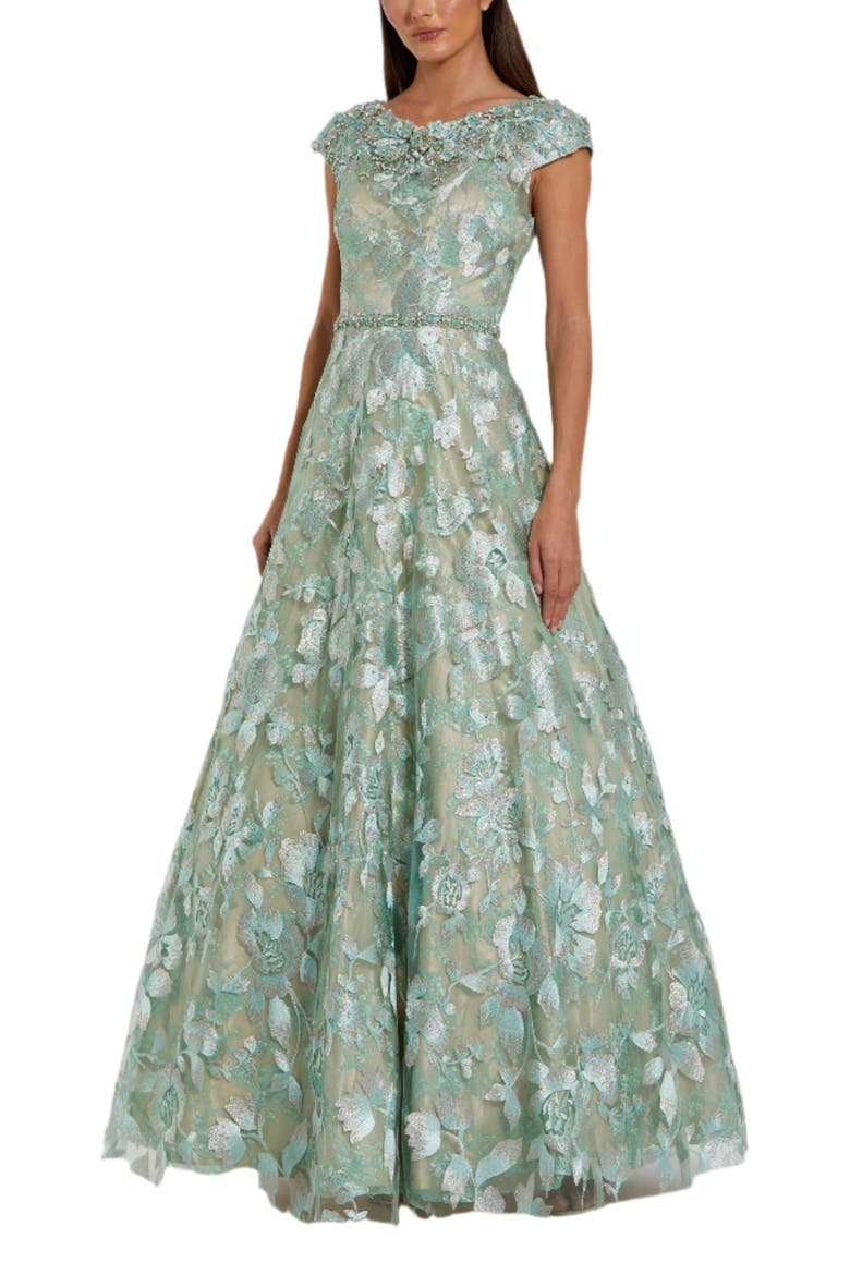 Embellished Cap Sleeve High Neck Ballgown, Main, color, Sage