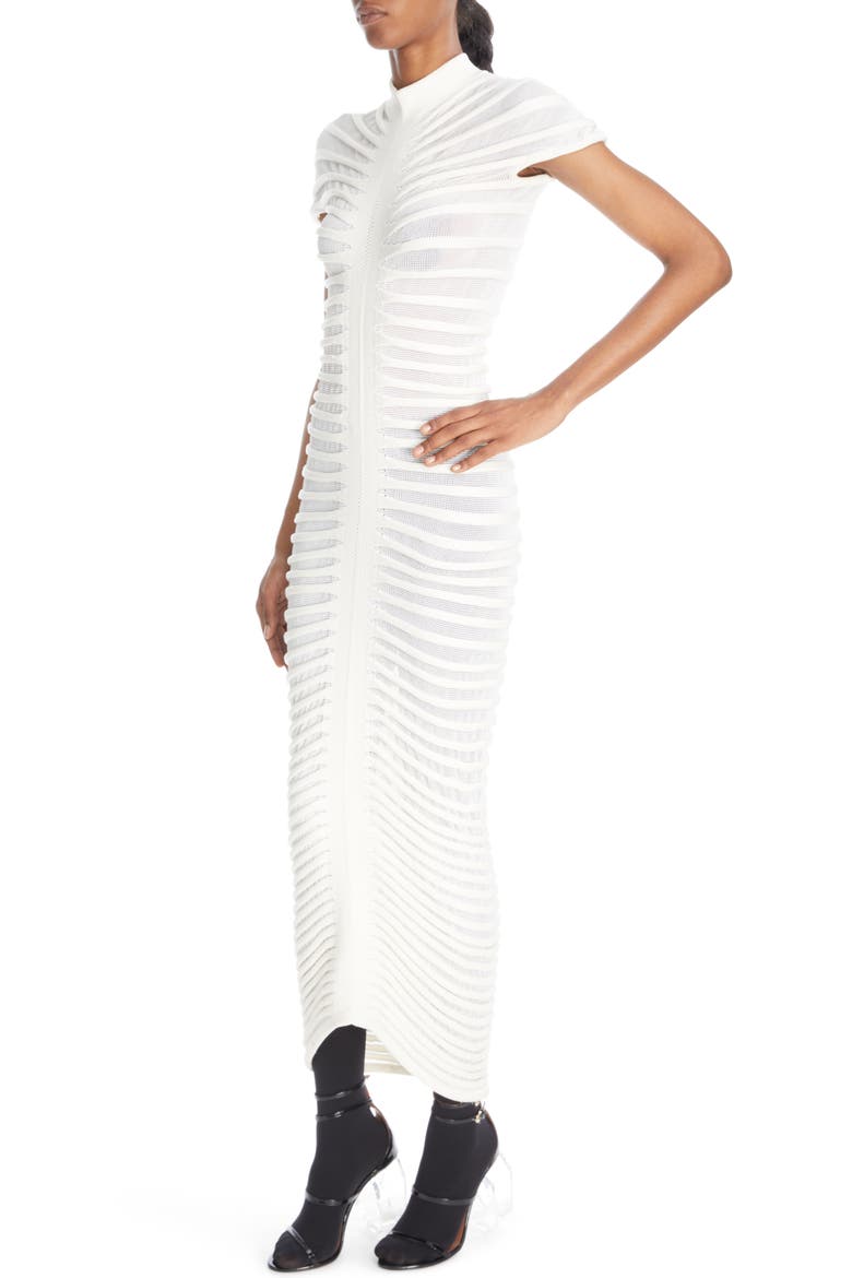 Rib Texture Mock Neck Body–Con Midi Dress, Alternate, color, BLANC