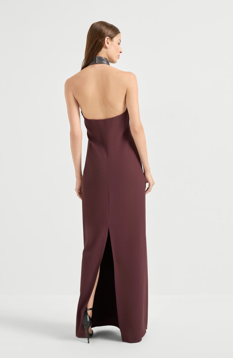 Brunello Cucinelli Halterneck dress with beaded collar, Alternate, color, Burgundy