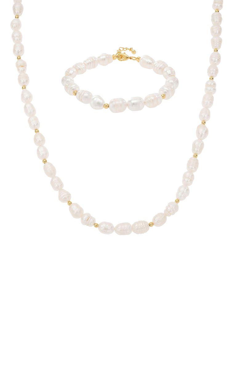 Bearfruit Jewelry Eternal Spring Cultured Pearl Necklace & Bracelet Set, Main, color, Gold