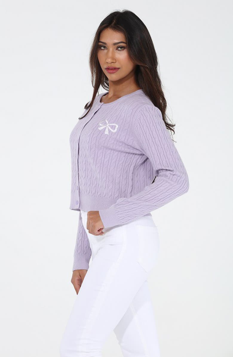 RAIN AND ROSE Bow Embroidered Cable Knit Cardigan, Alternate, color, Lavender