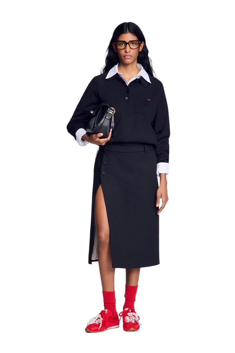Mid-length slit wool skirt, Alternate, color, Black