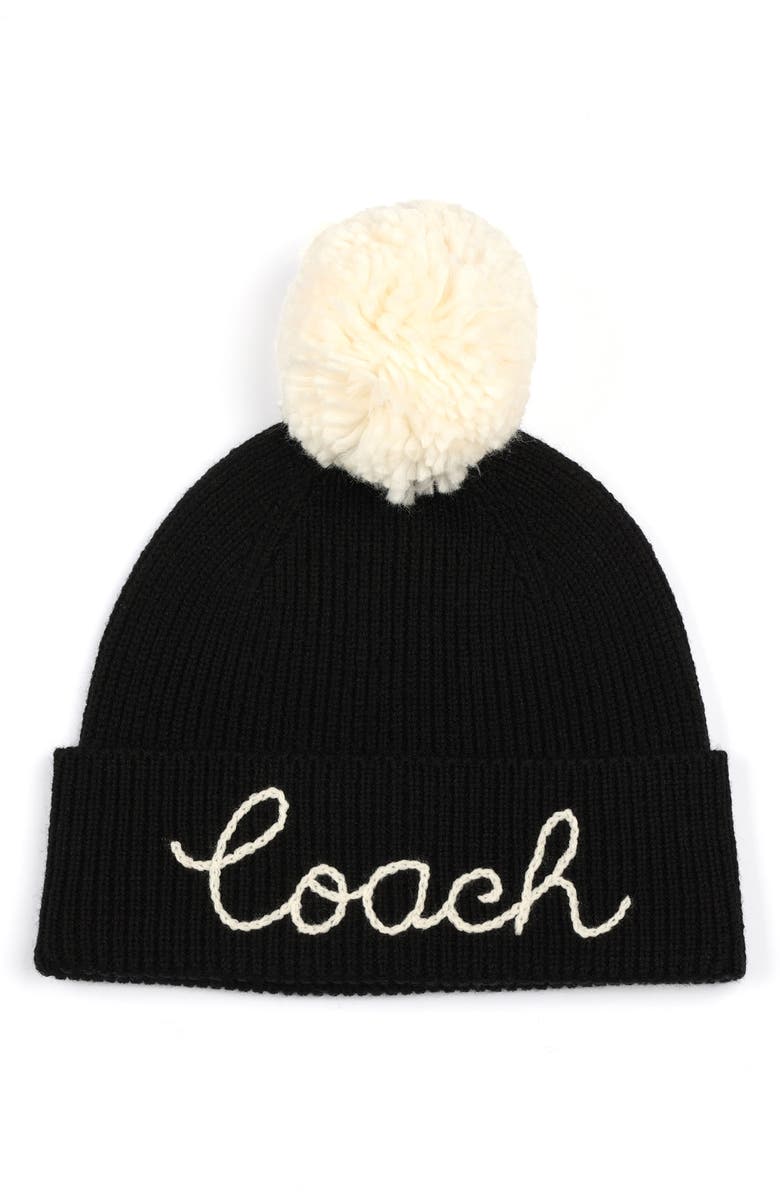 COACH Logo Script Pompom Beanie, Main, color,
