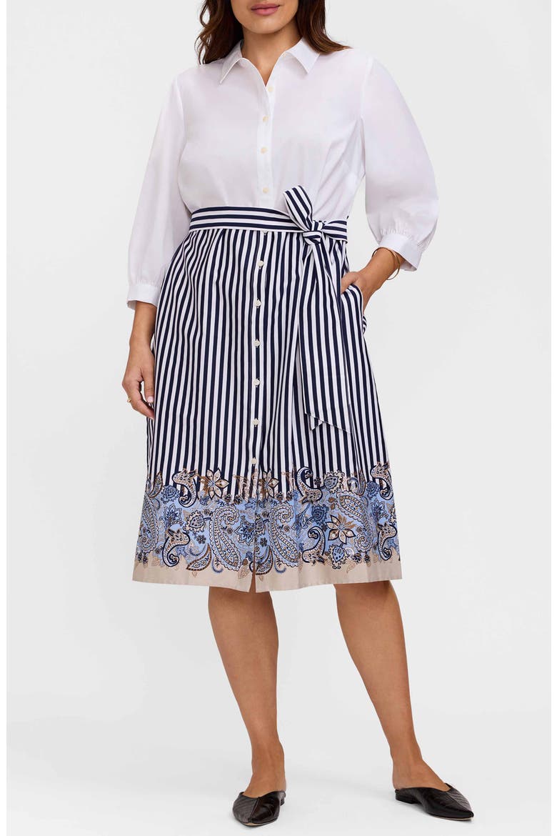 Esther Belted Stripe & Paisley Print Shirtdress, Main, color, WHITE MULTI
