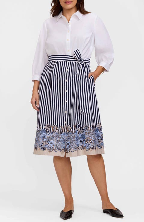 Esther Belted Stripe & Paisley Print Shirtdress (Plus)
