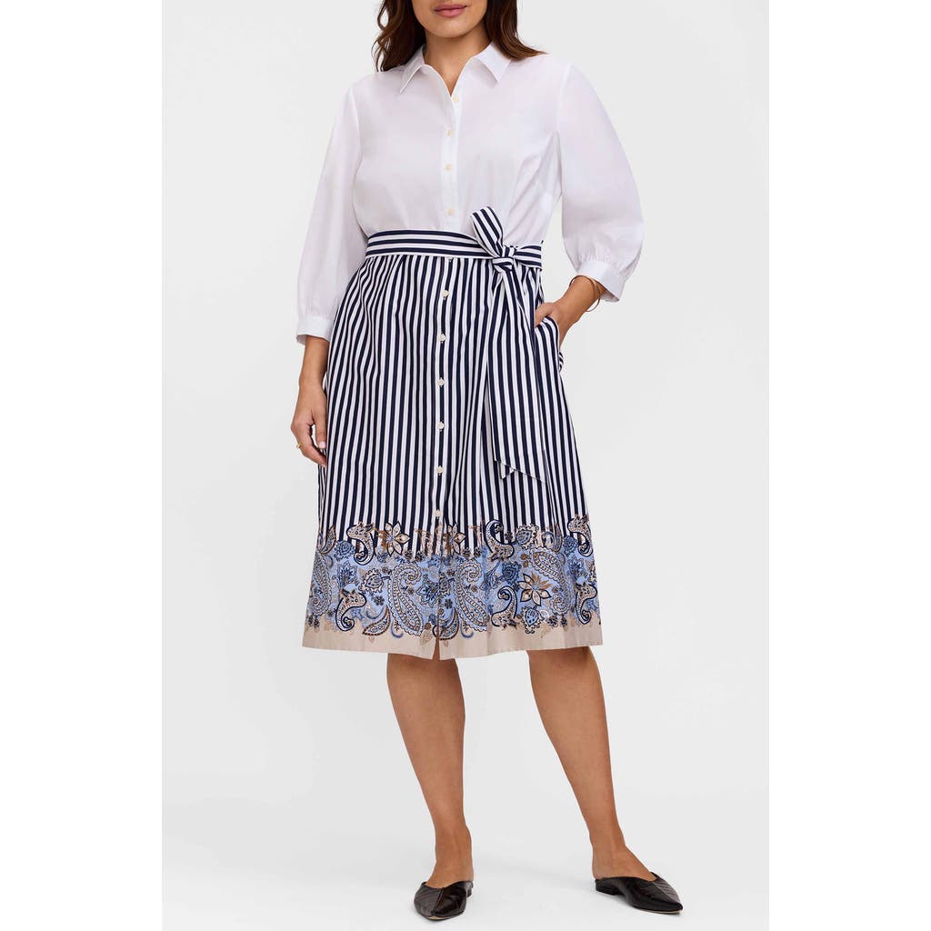 Foxcroft Esther Belted Stripe & Paisley Print Shirtdress In White