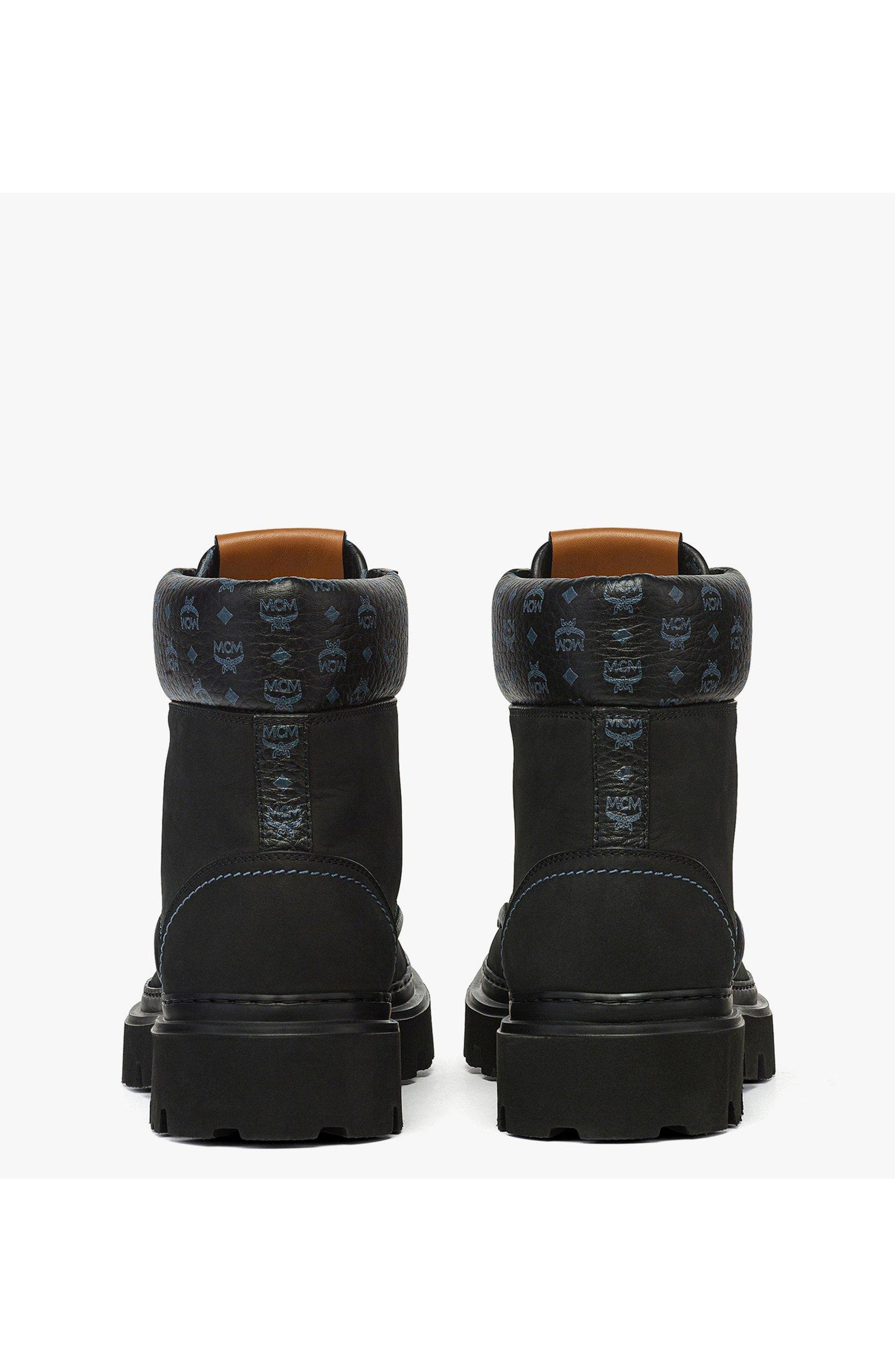 MCM Female Ankle Boots in Nubuck and Monogram Print Leather, Alternate, color, Black