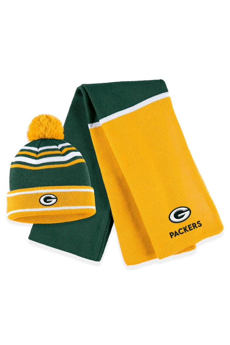 Women's WEAR by Erin Andrews Green Green Bay Packers Colorblock Cuffed Knit Hat with Pom and Scarf Set, Main, color, Green