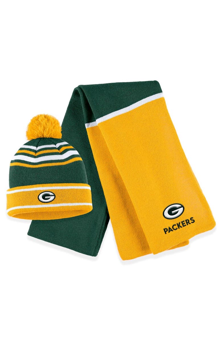 WEAR by Erin Andrews Women's WEAR by Erin Andrews Green Green Bay Packers Colorblock Cuffed Knit Hat with Pom and Scarf Set, Main, color, Green