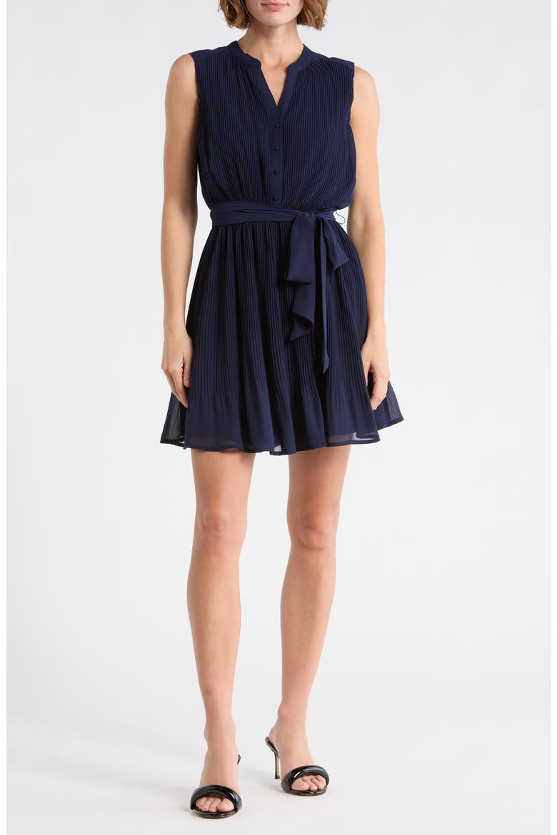 Pleated Tie Waist Dress, Main, color, NAVY