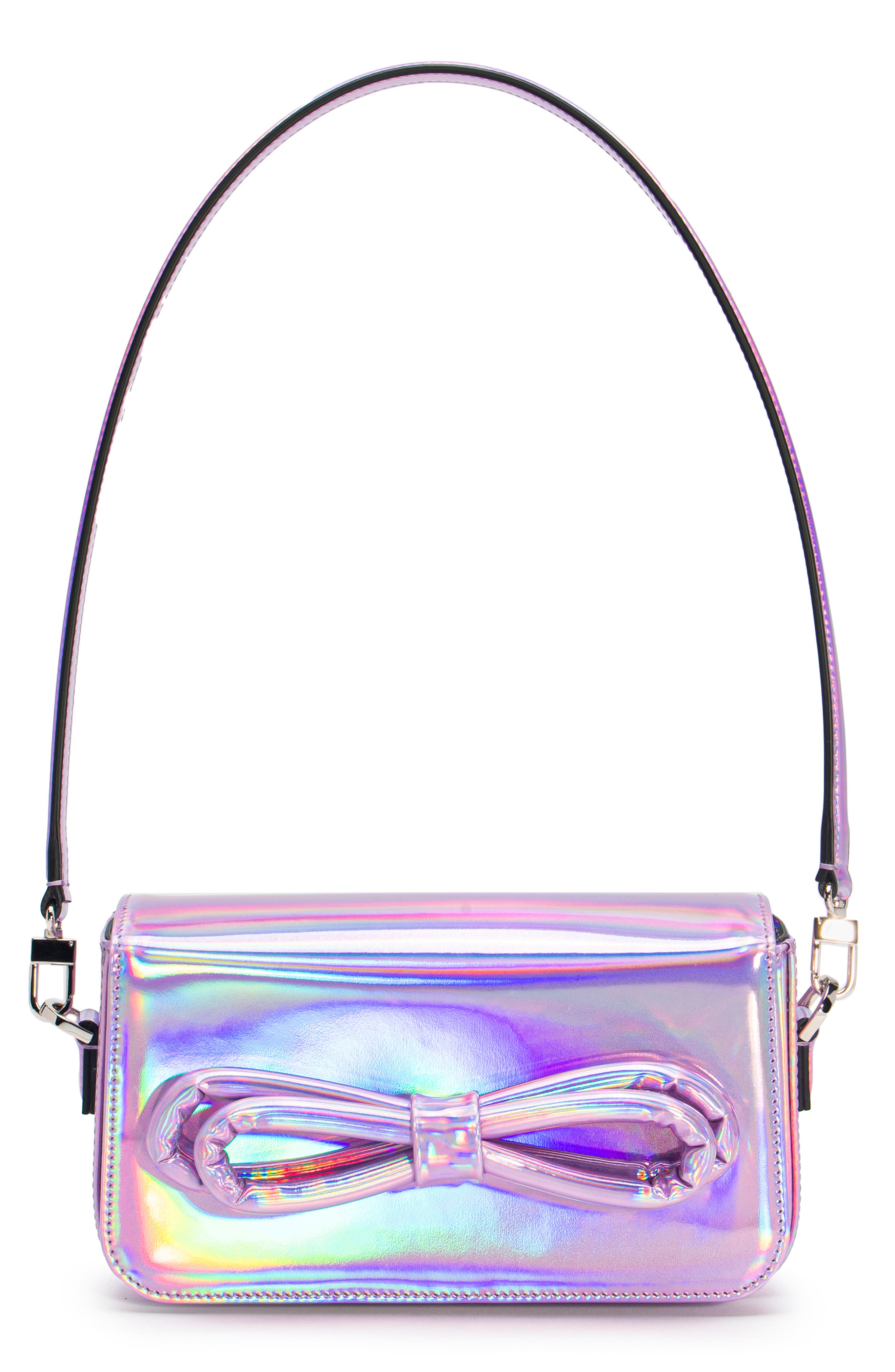 Puffer Bow Iridescent Leather Shoulder Bag, Main, color, PINK IRIDESCENT