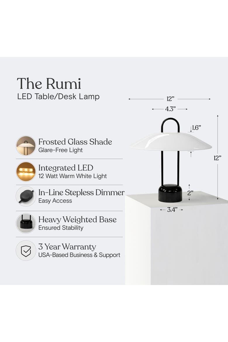 Rumi 12" LED Table Lamp with Frosted Glass Shade, In-Line Dimmer and Weighted Base, Alternate, color, Black and White