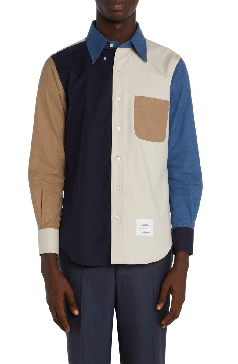 Thom Browne Colorblock Straight Fit Cotton Button-Down Shirt, Main, color,