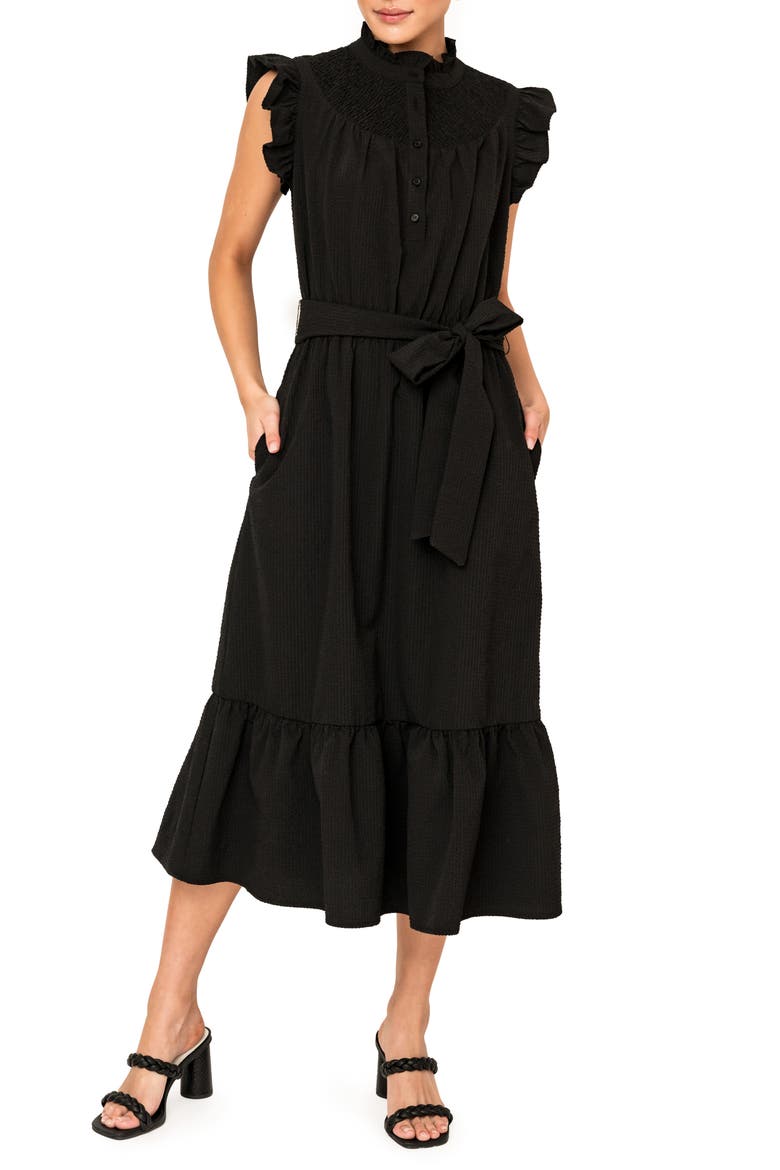 Textured Smocked Ruffle Midi Dress, Main, color, BLACK