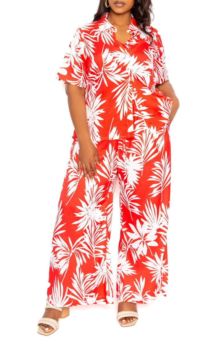 BUXOM COUTURE Tropical Short Sleeve Button-Up Top & Wide Leg Pants Set, Main, color,