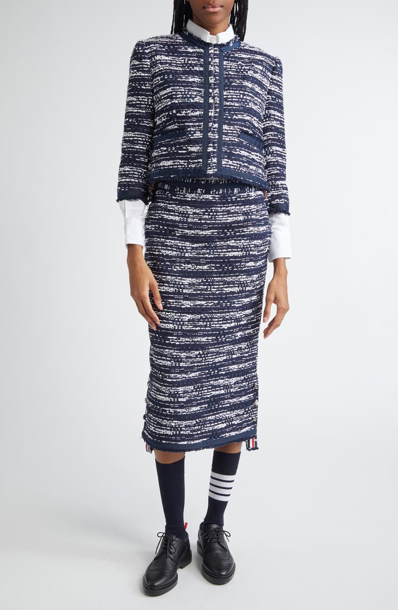 Thom Browne Drop Back Mélange Tulle Yarn Tweed Crop Cardigan Jacket, Alternate, color, Navy