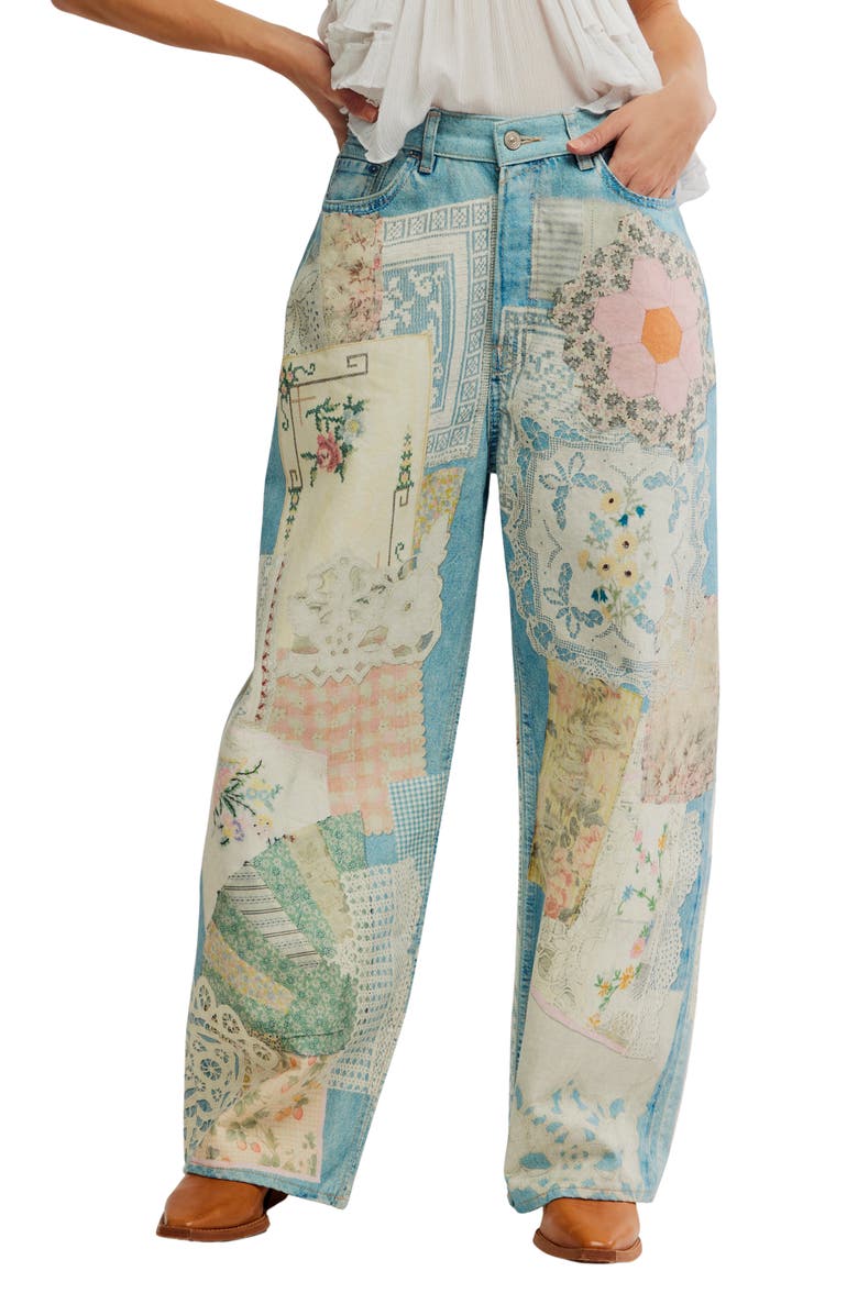 Free People Illusions Patchwork Barrel Leg Jeans, Main, color, Sky Combo