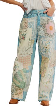 Free People Illusions Patchwork Barrel Leg Jeans