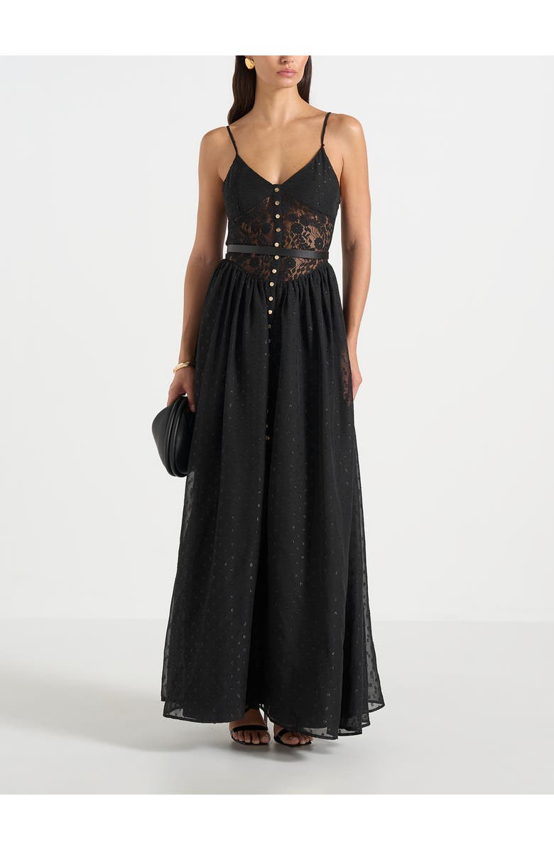 Manière De Voir Rosie Lace Corset Maxi Dress, Main, color, Black