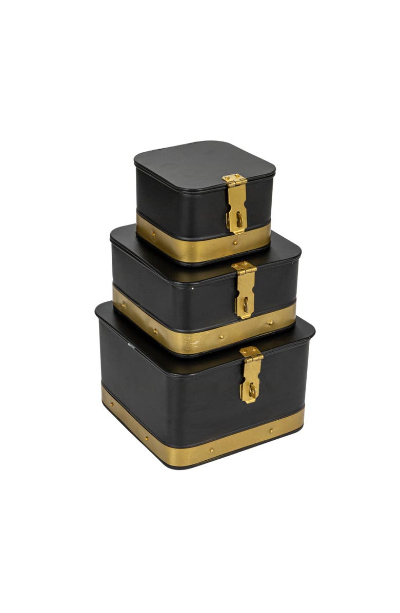 Storied Home Decorative Metal Boxes with Lid, Black with Gold Band, Set of 3, Main, color, Black