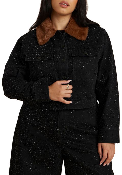 Embellished Denim Jacket With Fur Collar (Plus)