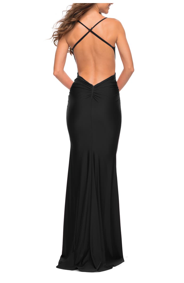 La Femme Prom Dress with Knot at Waist and Open Back, Alternate, color, Black