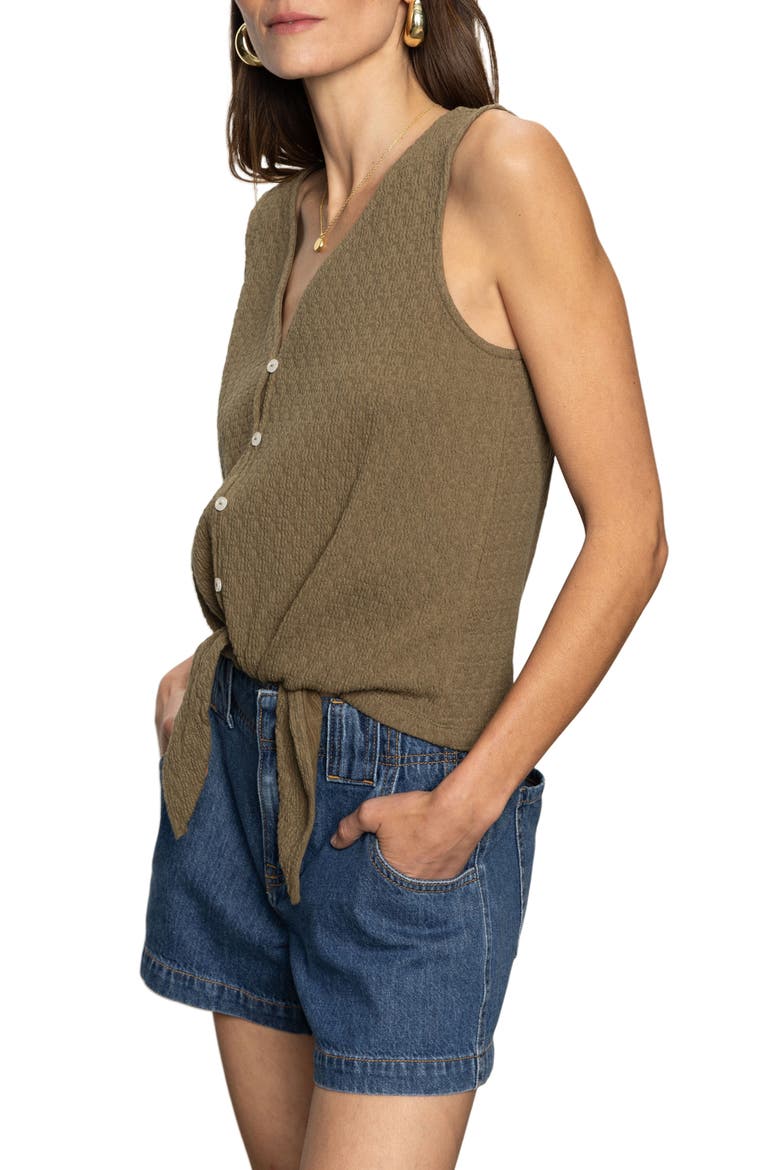 Vacation Textured Tie Front Button-Up Tank, Alternate, color, BURNT OLIVE