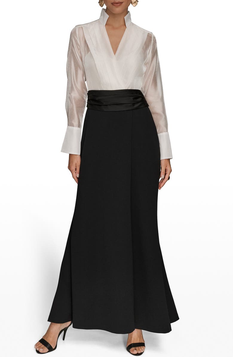Donna Karan New York Organza Bodice Long Sleeve Gown, Main, color, Cream/ Black