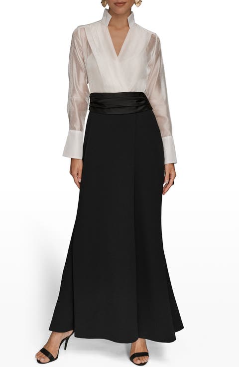 Organza Bodice Long Sleeve Gown