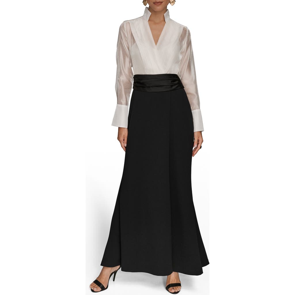 Donna Karan New York Organza Bodice Long Sleeve Gown In Multi
