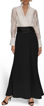 Donna Karan New York Organza Bodice Long Sleeve Gown