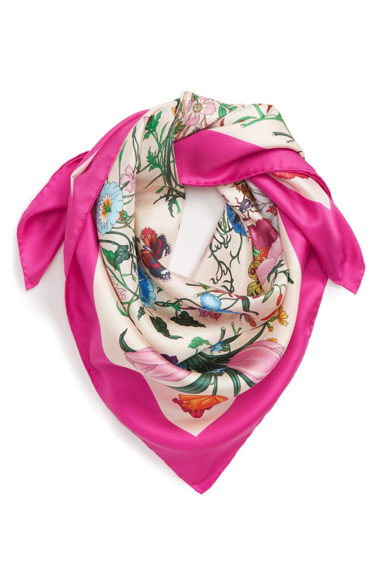 Gucci Flora Print Silk Twill Scarf, Alternate, color, 