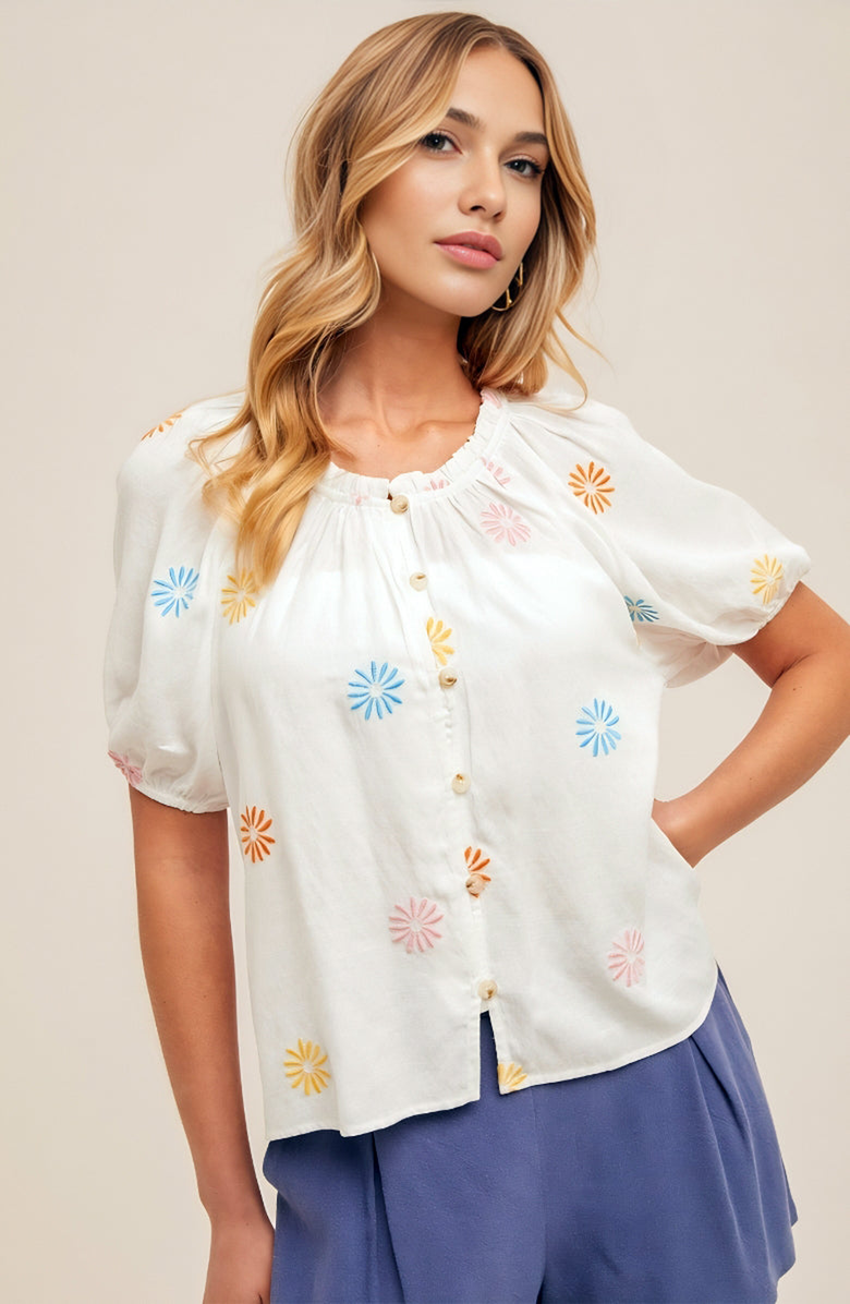 Knit and Lounge Embroidered Button-Up Blouse, Main, color, White Multicolor Floral