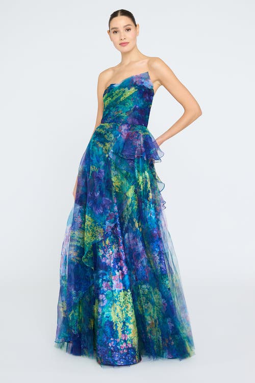 Theia Taya Strapless Organza Gown In Blue
