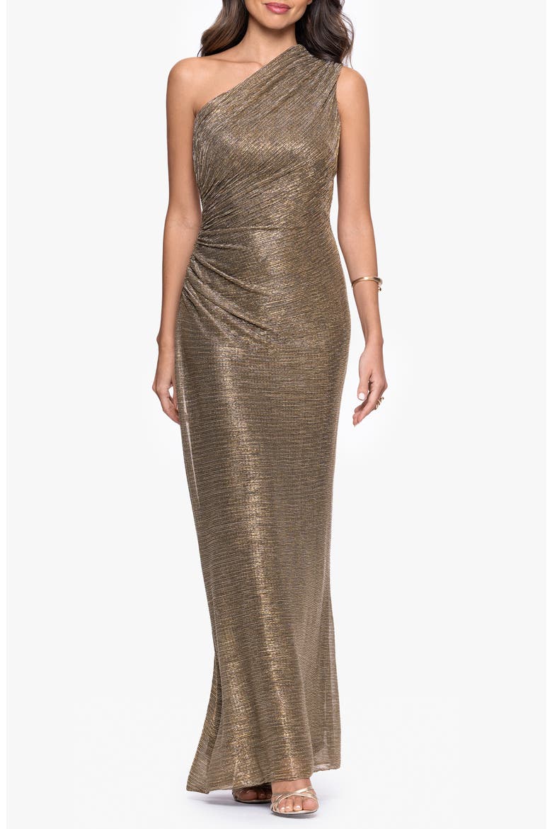 One-Shoulder Metallic Crinkled Column Gown, Main, color, MOCHA/ GOLD