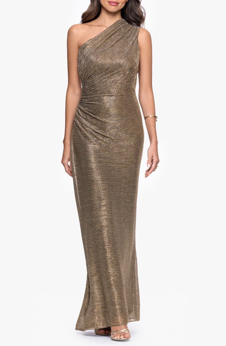 Betsy & Adam One-Shoulder Metallic Crinkled Column Gown, Main, color, Mocha/ Gold