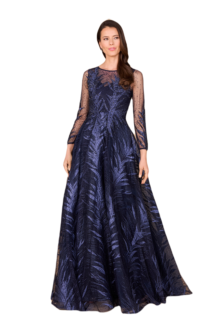 High Neck Sheer Long Sleeve Embellished Gown, Main, color, Navy