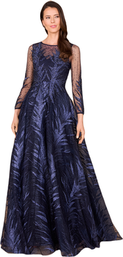 LARA New York High Neck Sheer Long Sleeve Embellished Gown