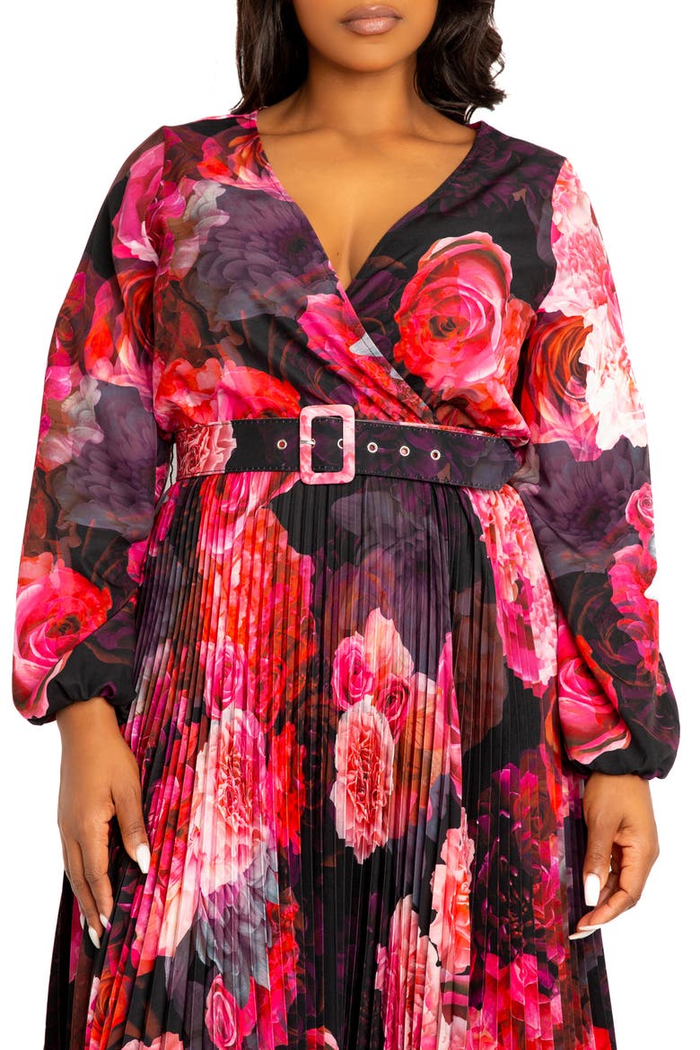 Floral Long Sleeve Pleated Maxi Dress, Alternate, color, BLACK MULTI