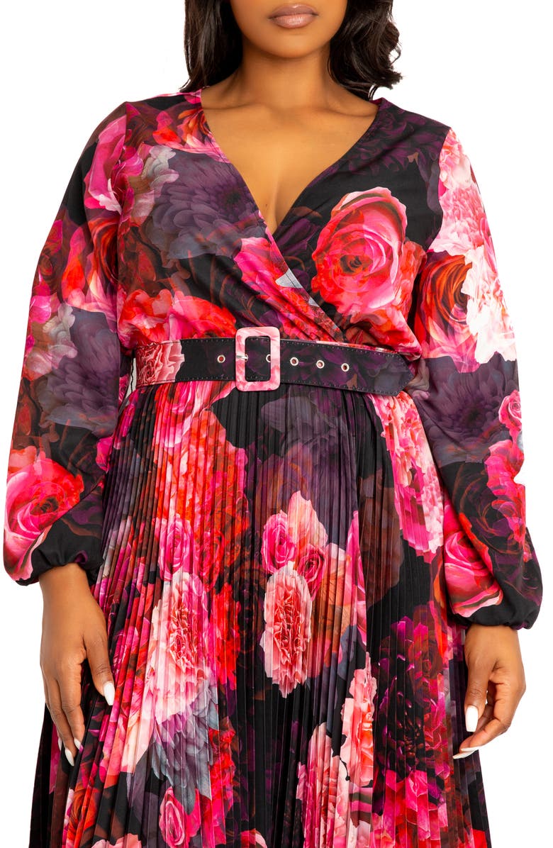 BUXOM COUTURE Floral Long Sleeve Pleated Maxi Dress, Alternate, color, Black Multi